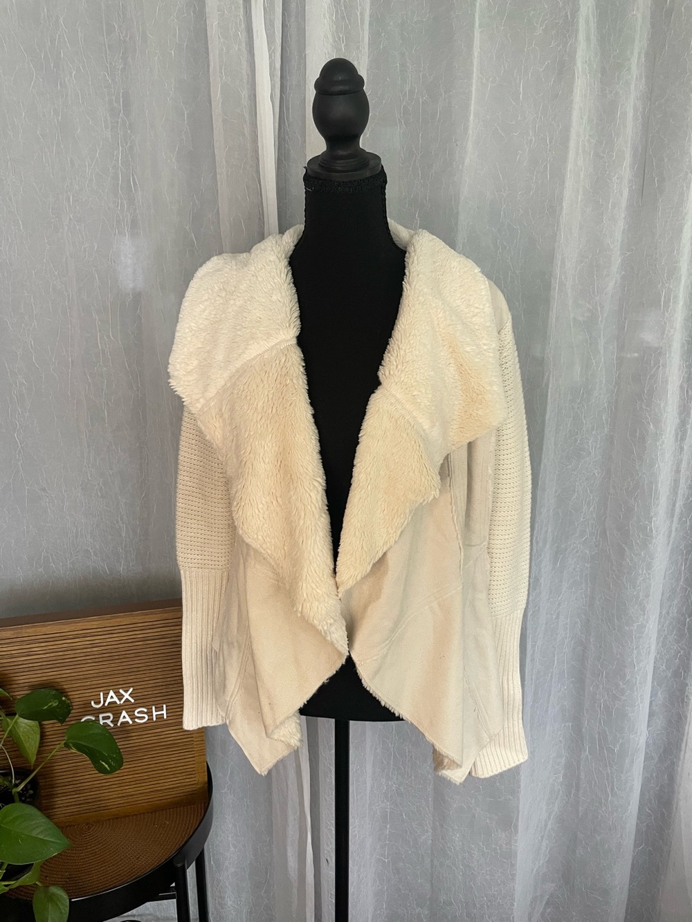 Knox Rose Cream Open-Front Faux-Sherpa Draped Cardigan